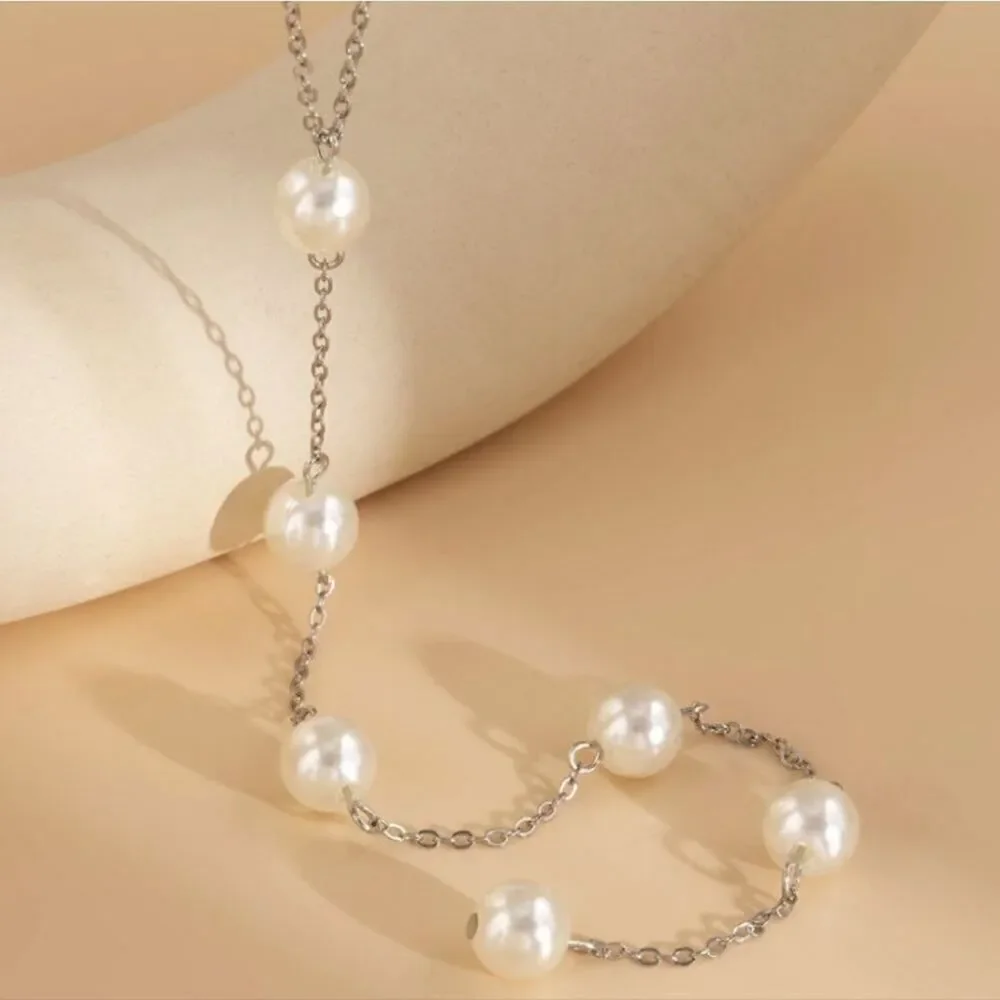 Pearl Y Shaped Necklace Long Pendant Dainty Pearl Drop Silvery or Golden Chain - Picture 10 of 13